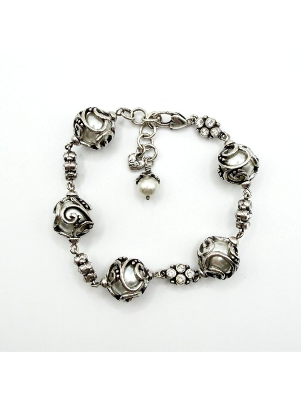 Brighton Silver Ball & Crystal Bead Bracelet With Pearl Charm
